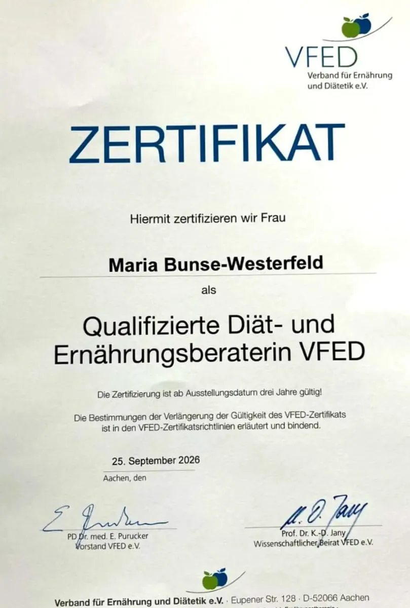 Zertifikat des Verbands für Ernährung und Diätetik e.V. für Maria Bunse-Westerfeld als Qualifizierte Diät- und Ernährungsberaterin VFED, ausgestellt in Aachen.